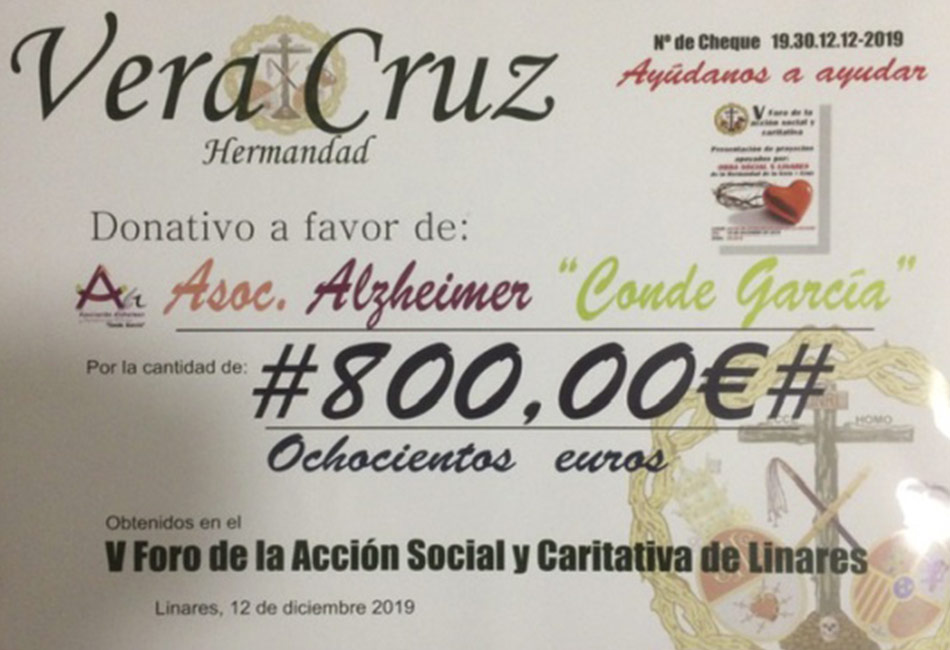 Donativo a favor de: Asociación Alzheimerlinares «Conde García». Obtenido en el V foro de la acción social y caritativa de Linares